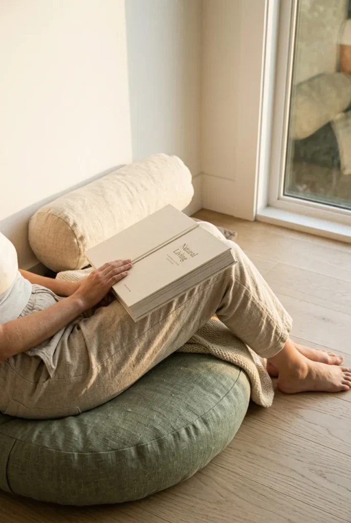 Reading nook floor cushion setup using a lumbar bolster against the wall to support the lower back during long reading sessions.