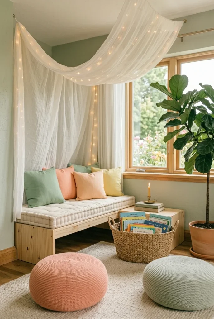 Reading nook for two kids with a low bench, floor poufs, and a fairy-light canopy.