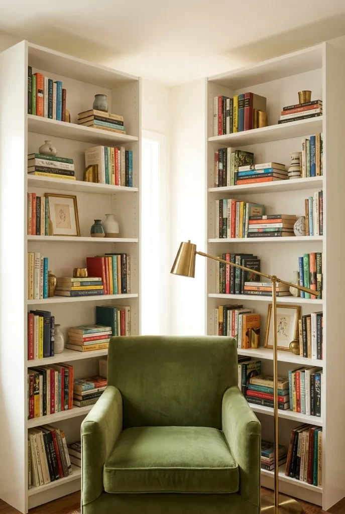 Reading nook framed by two tall bookcases forming a cozy three-sided home-library corner.