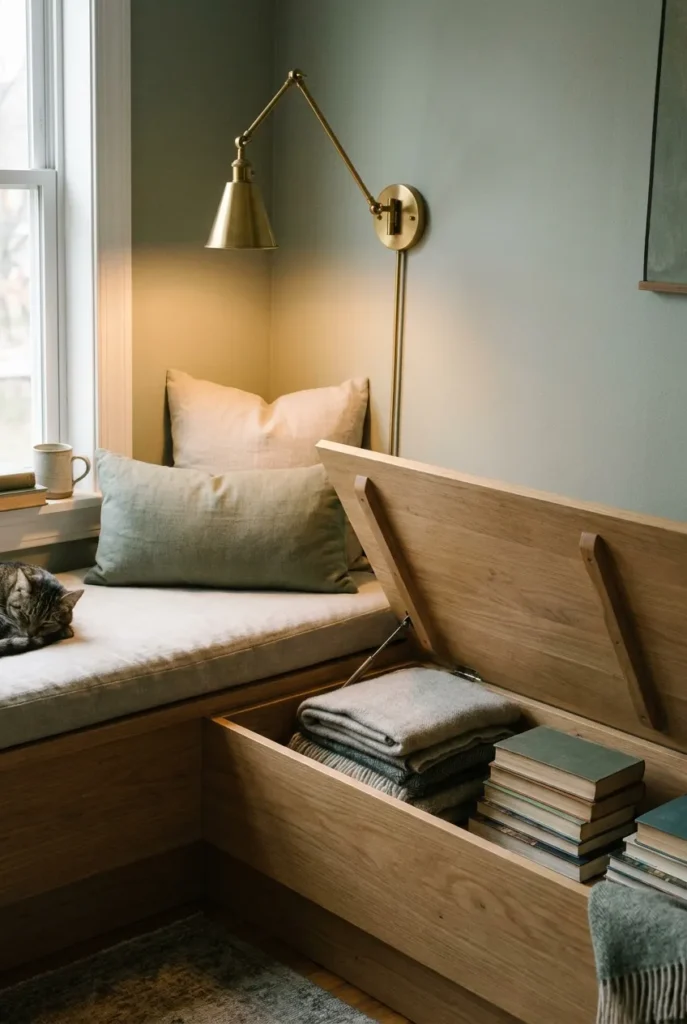 Reading nook hidden storage bench with lift-top seat open showing throws and books inside.