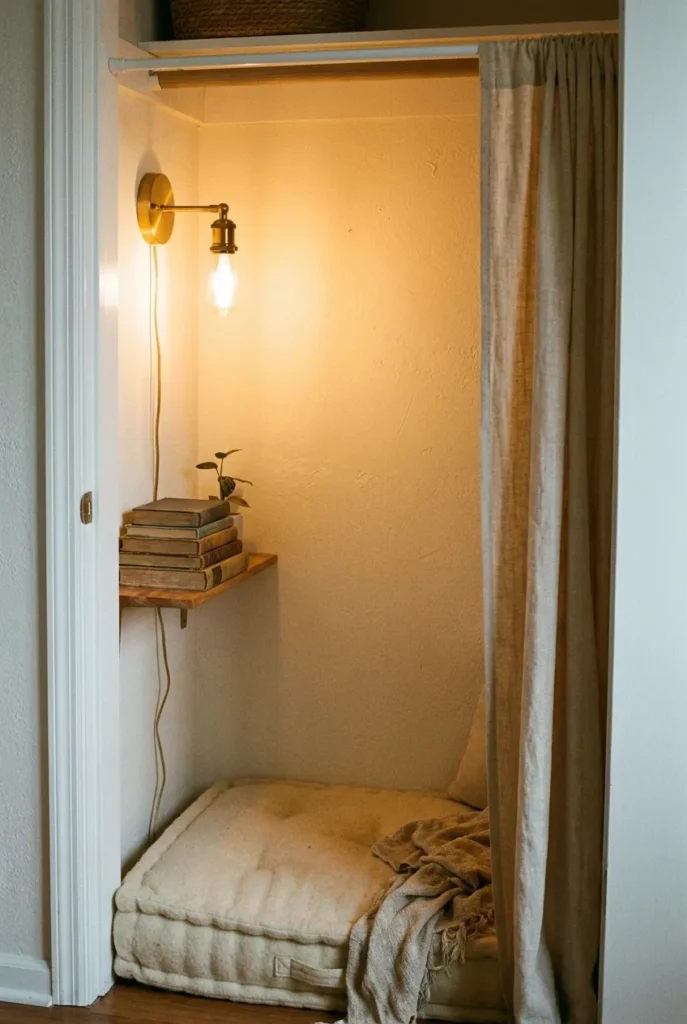 Reading nook hideaway built inside a closet with a warm sconce and curtain.
