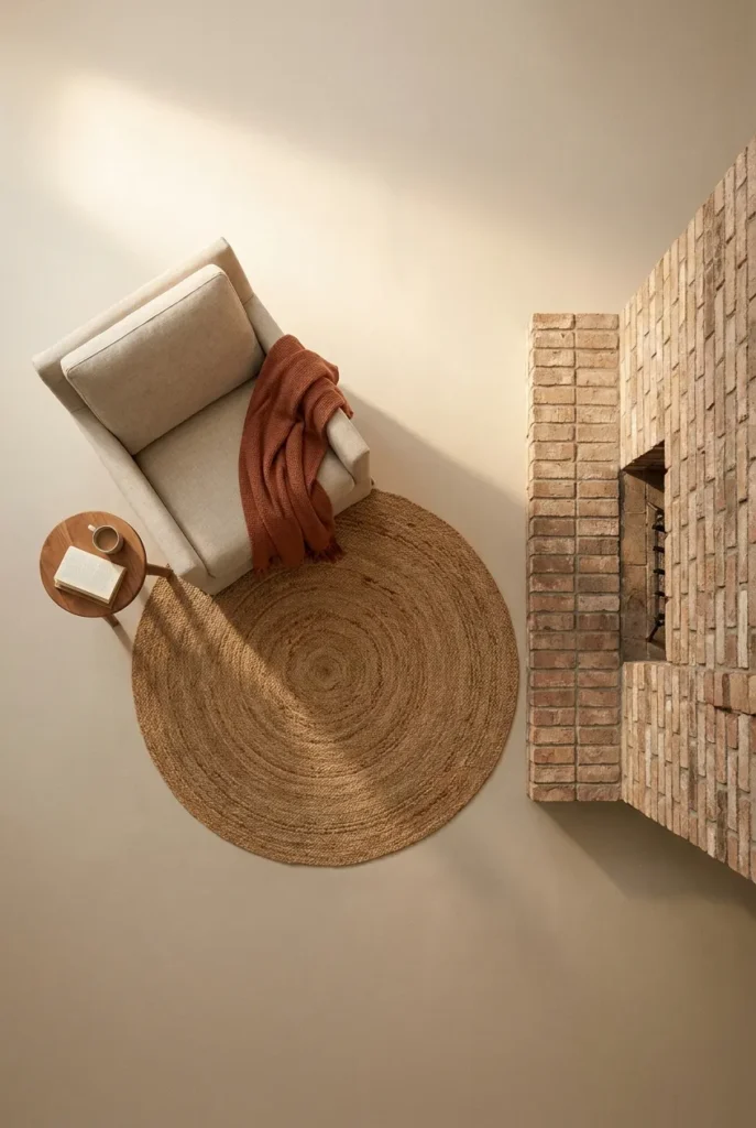 Reading nook layout showing safe spacing between an armchair, rug, and brick fireplace hearth.