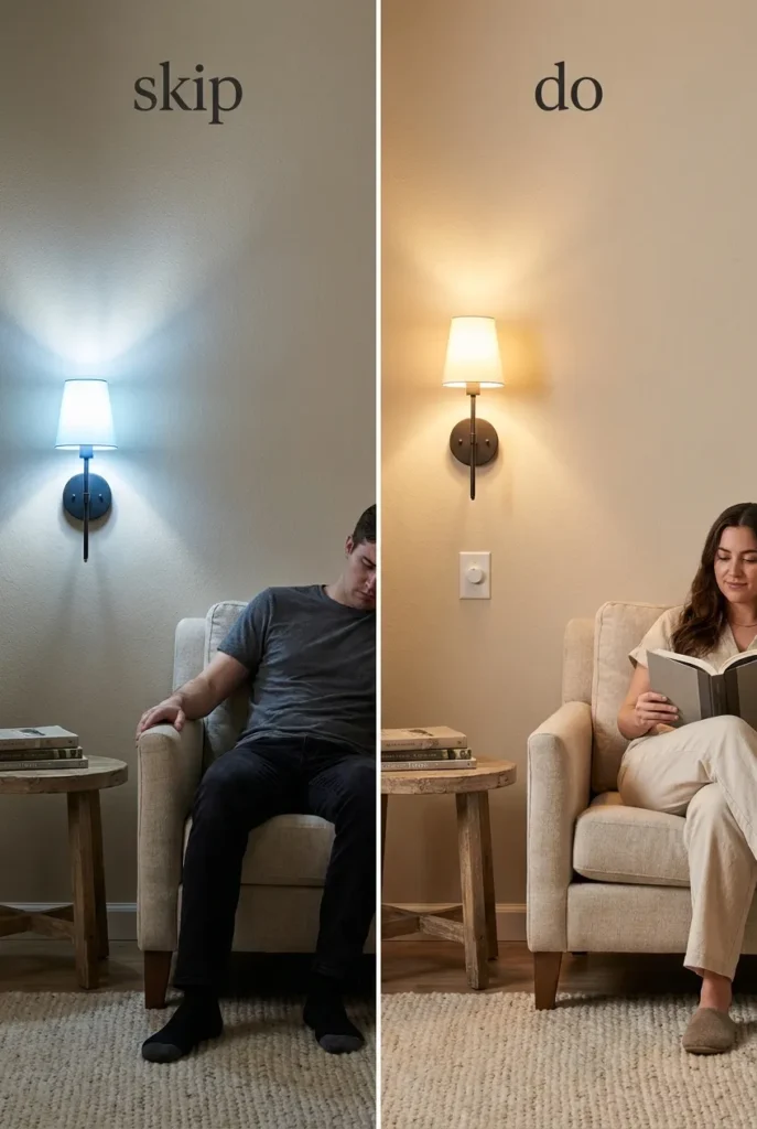 Reading nook wall sconce mistakes versus correct placement and bulb choice