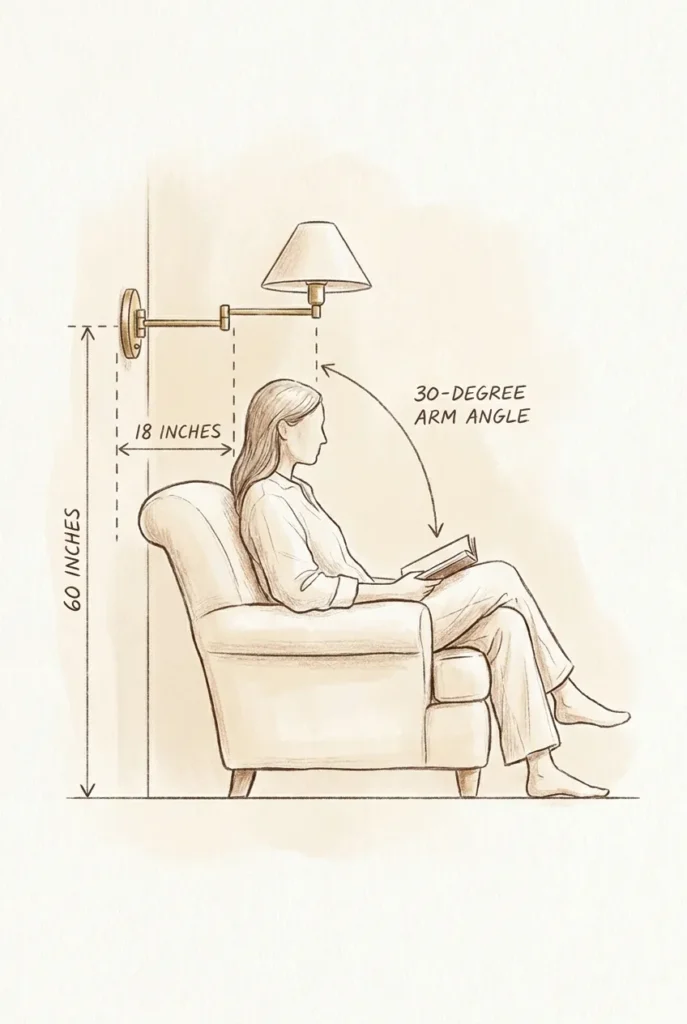 Reading nook wall sconce placement diagram with 60-inch height, 18-inch wall offset, and 30-degree arm angle.