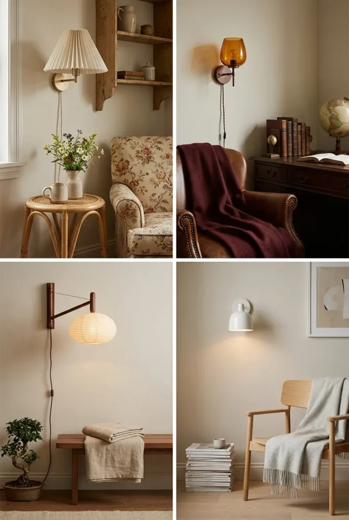 Reading nook wall sconces matched to cottagecore, dark academia, japandi, and scandi styles.