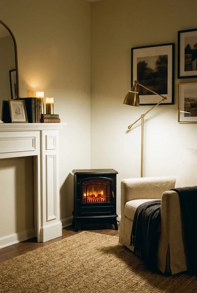 Reading nook with an electric stove fireplace and a faux mantel styled with flameless candles.