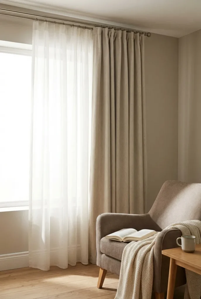 Reading nook with layered sheer and blackout curtains controlling window glare over an armchair.