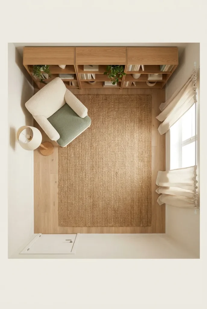 Reading room layout showing seat, lamp, bookcase, rug, and curtain in a small space.