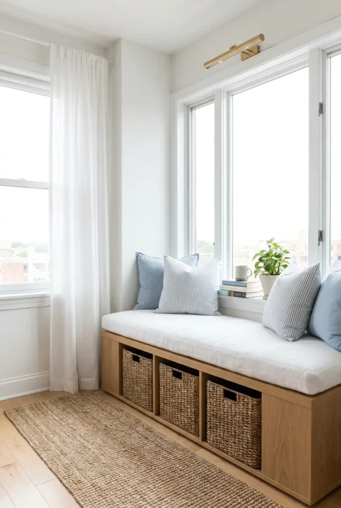 Renter-friendly coastal window seat reading nook with freestanding bench and no-drill curtains.