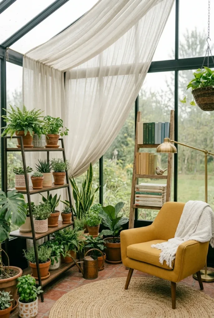 Renter-friendly faux greenhouse reading nook with a sheer curtain, tiered plant stand, and ladder bookshelf.