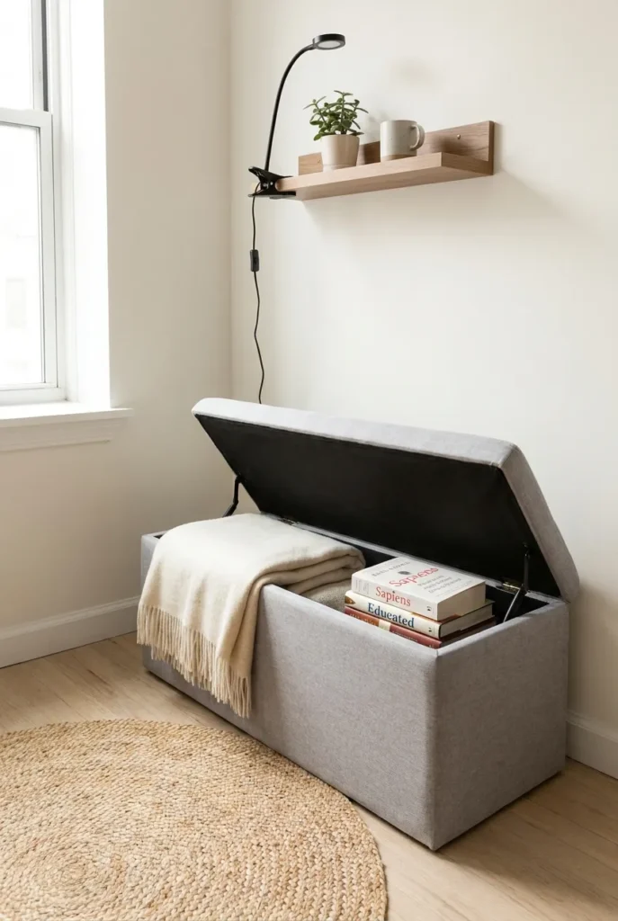 Renter-safe flip-top storage ottoman used as a reading nook bench with throws inside.