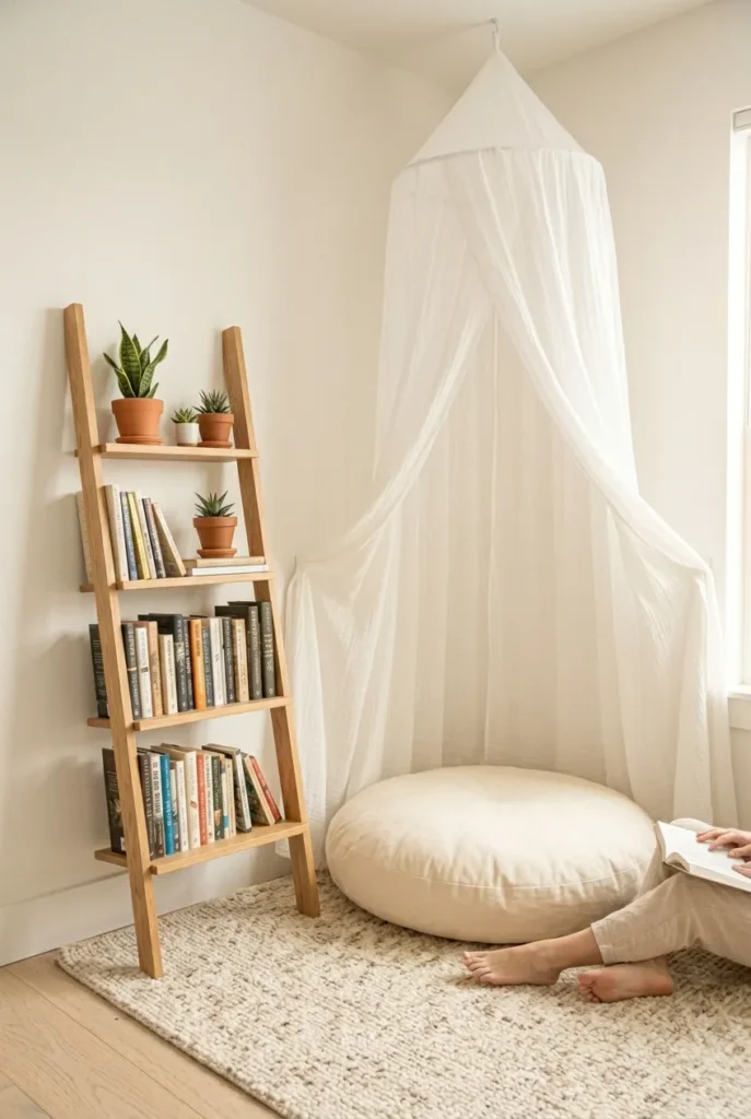 Renter-safe floor cushion reading nook with a freestanding ladder shelf, tension rod canopy, and no drilled wall anchors.