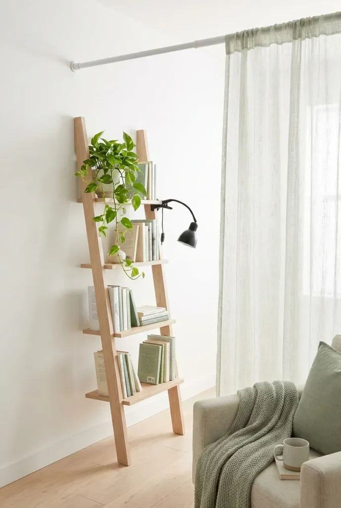 Renter-safe loft reading nook with a leaning shelf, tension-rod curtain, and clip-on light.