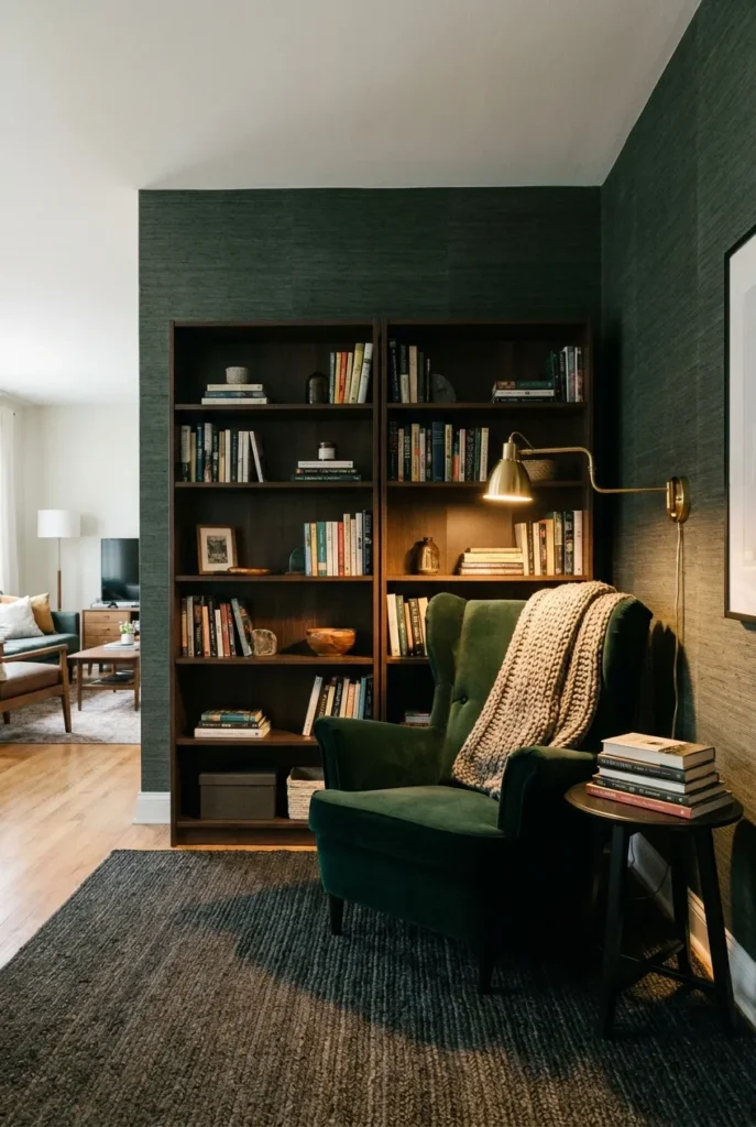Renter-safe moody home library reading nook with IKEA Billy bookcases, peel-and-stick grasscloth, and green velvet chair.
