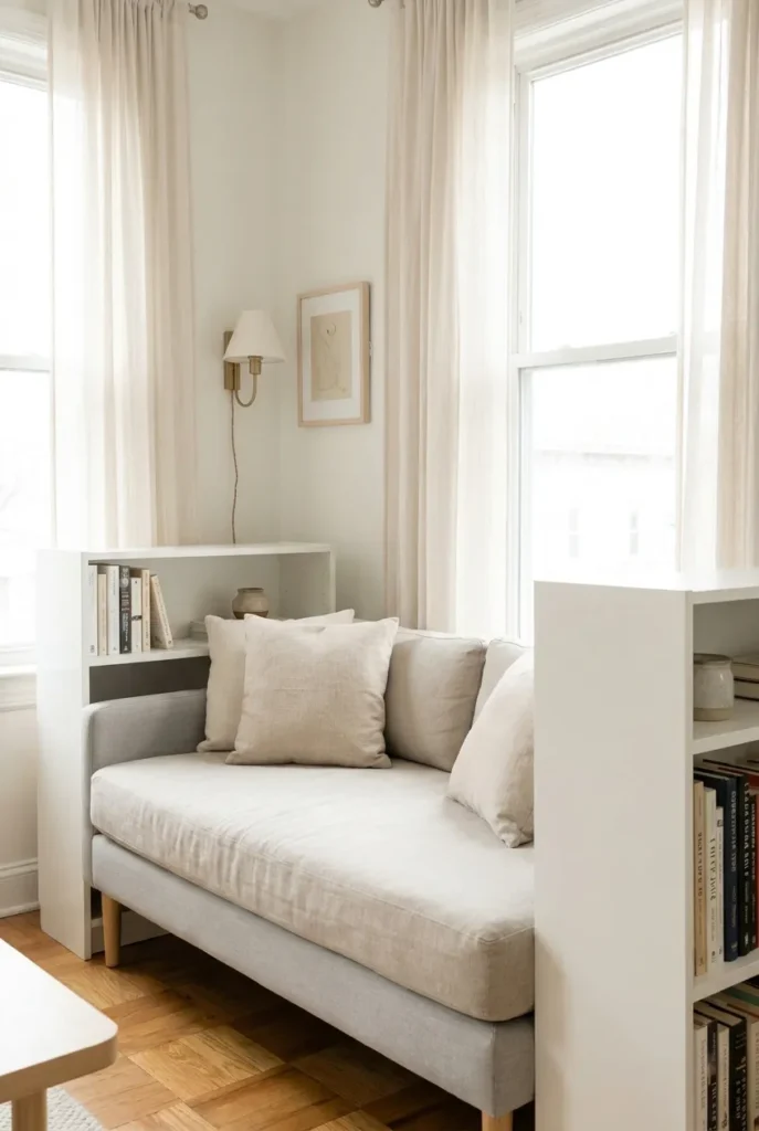 Renter-safe no-drill Billy bookcase reading nook with plug-in lighting and freestanding shelves.