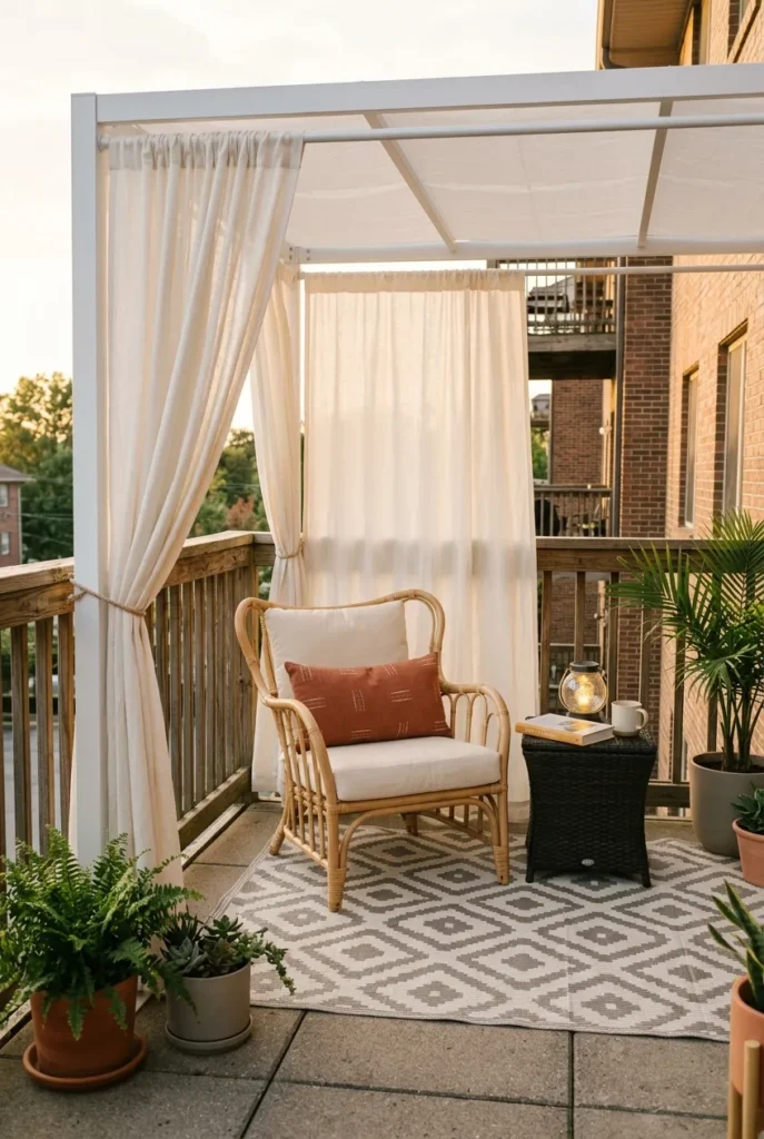 Renter-safe patio reading nook with freestanding pergola canopy, tension-rod curtains, rattan chair, and flatweave rug.