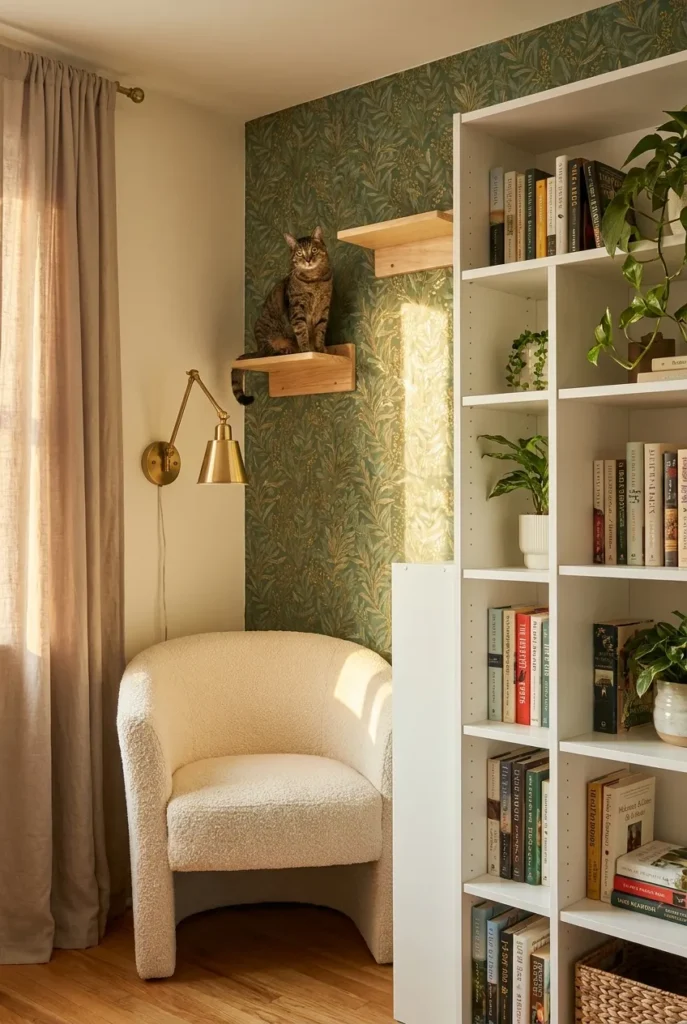 Renter-safe pet reading nook with plug-in sconce, peel-and-stick wallpaper, and stick-on cat wall steps.