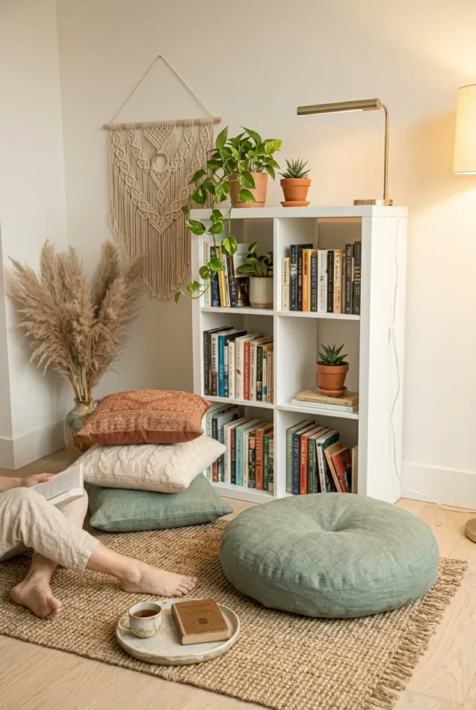 Renter-safe reading nook floor cushion backed against a freestanding IKEA Kallax shelf with a plug-in picture light, no drilling required.
