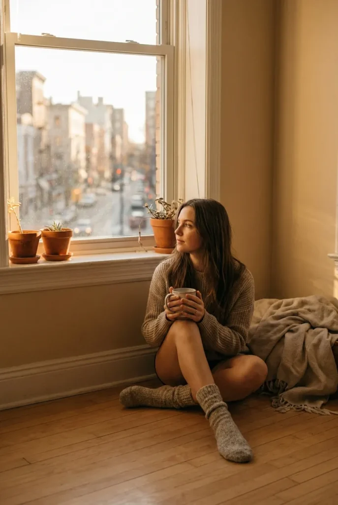 Renter testing the best window sightline for a reading nook with a view at golden hour.