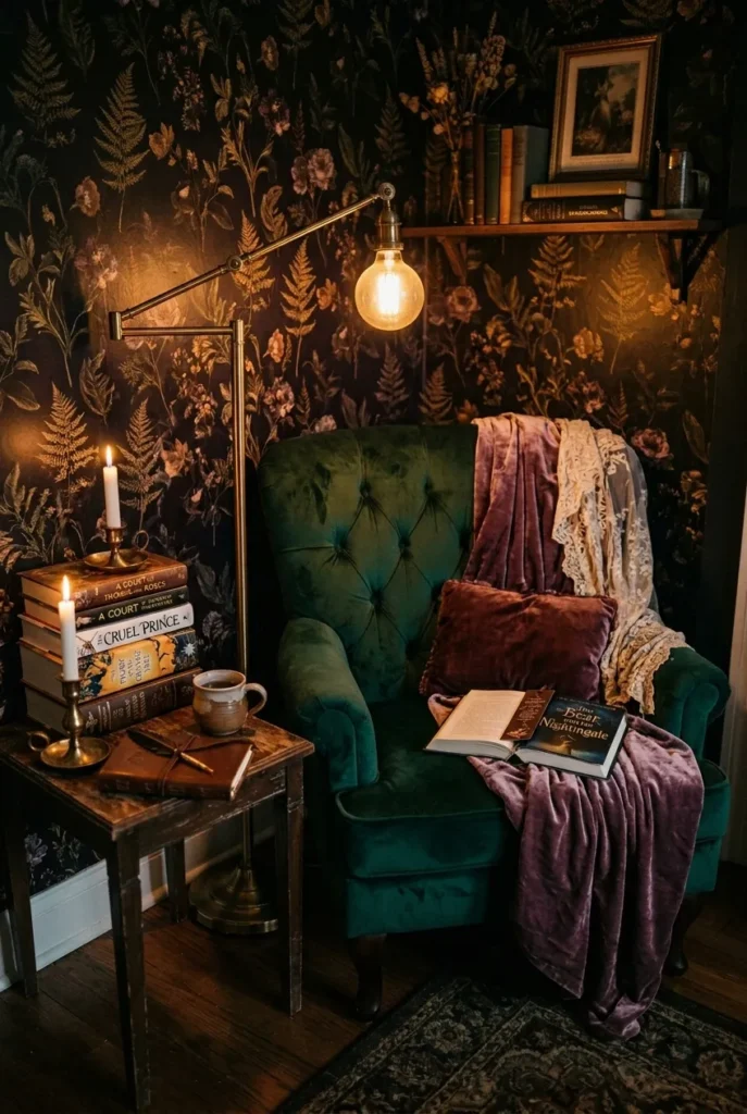 Romantasy nook color palette with emerald velvet, plum botanical wallpaper, and brass accents.