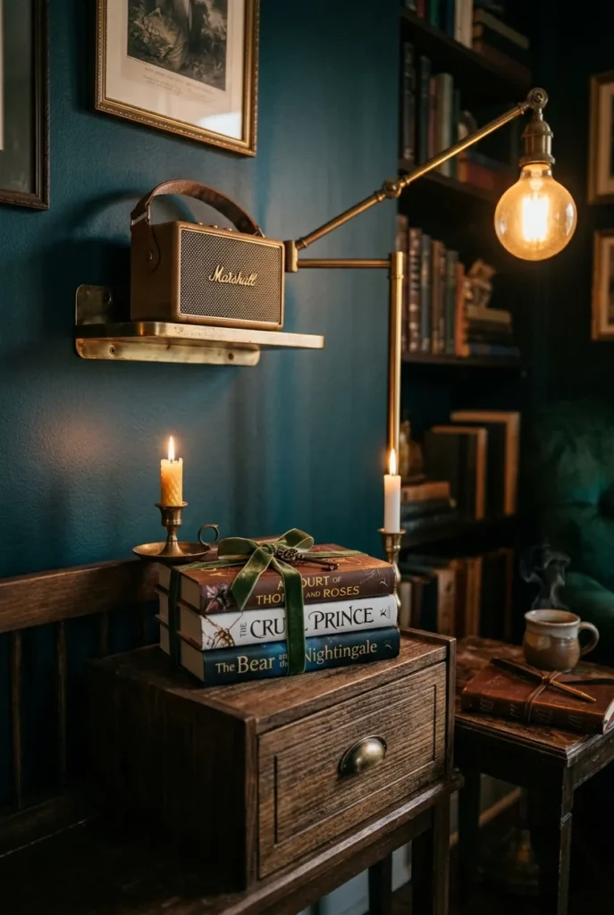 Romantasy nook ritual setup with speaker, staged TBR stack, hidden drawer, and a candle.