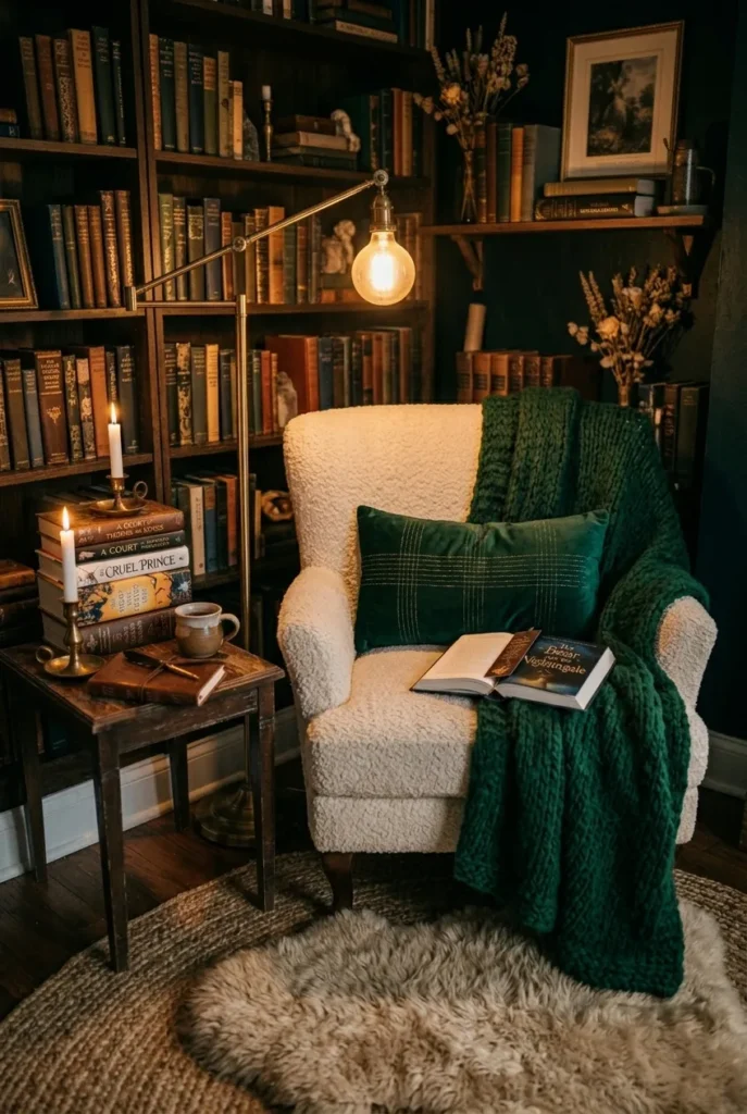 Romantasy reading nook layered with boucle chair, wool throw, velvet pillow, and sheepskin rug.