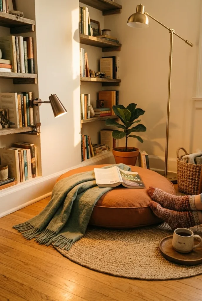 Round floor cushion reading nook tucked into a tight corner with bookshelves and warm afternoon light.