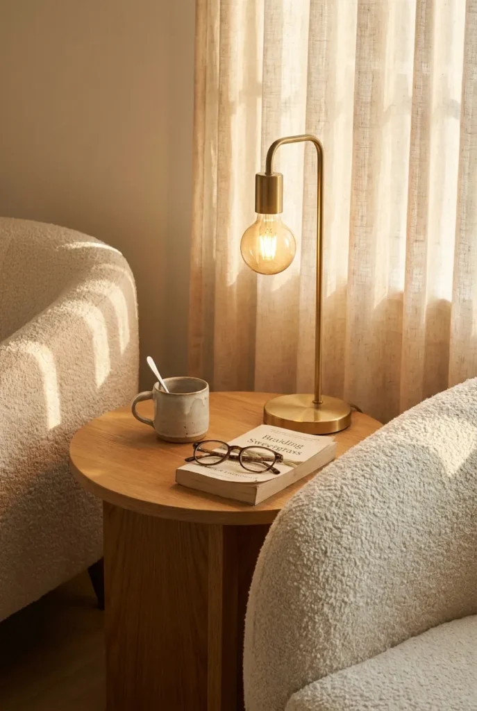 Round honey oak reading nook side table styled with a mug, paperback, and warm reading lamp beside a boucle armchair.
