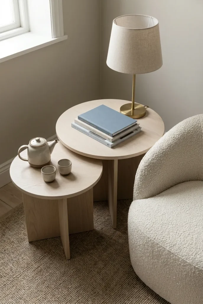 Round nesting reading nook side tables in matte ash wood styled with teapot, stacked books, and a brass lamp.