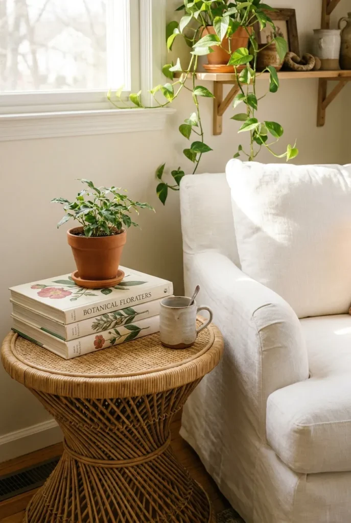 Round rattan reading nook side table styled with botanical books, terracotta planter, and a tea mug.