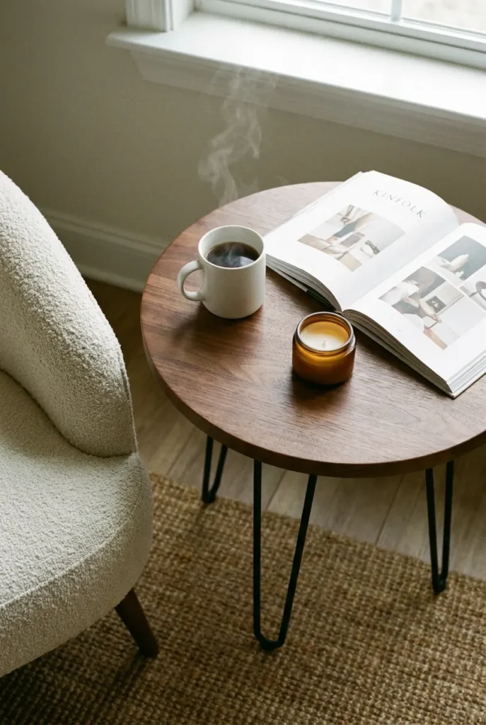 Round walnut side table on hairpin legs next to an MCM reading chair, holding a book and coffee mug at the correct 18-inch reach distance.