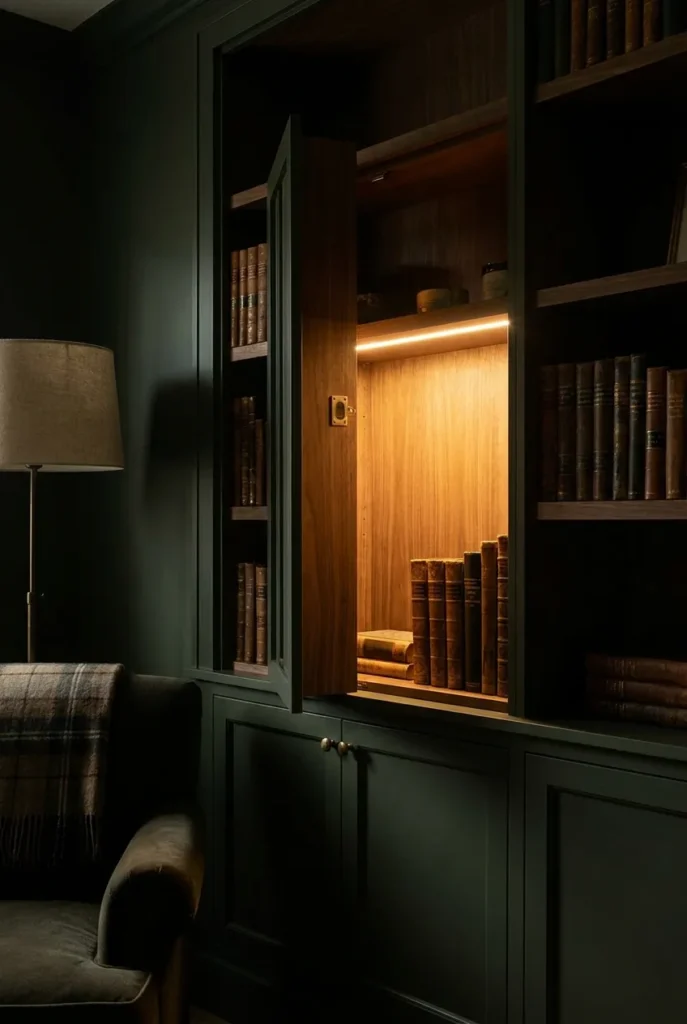 Secret compartment bookshelf swinging open to reveal a hidden reading nook storage cubby.