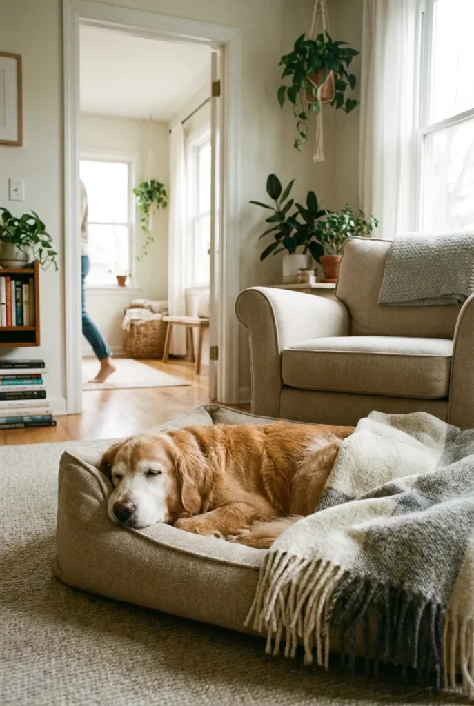 Senior dog asleep on an oatmeal memory foam bed beside a reading nook chair with a sightline to the door.
