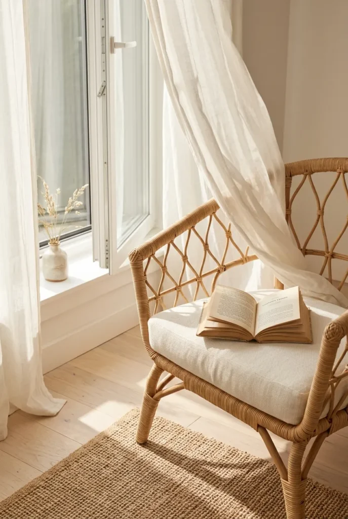 Sheer linen curtains in off-white at open window in summer reading corner with rattan armchair and flat-weave jute rug.