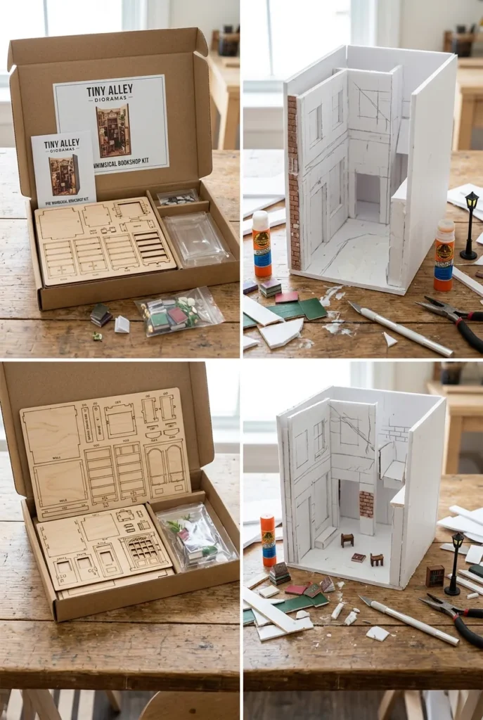 Side-by-side of a store-bought book nook kit and a handmade scratch-built foam board nook.