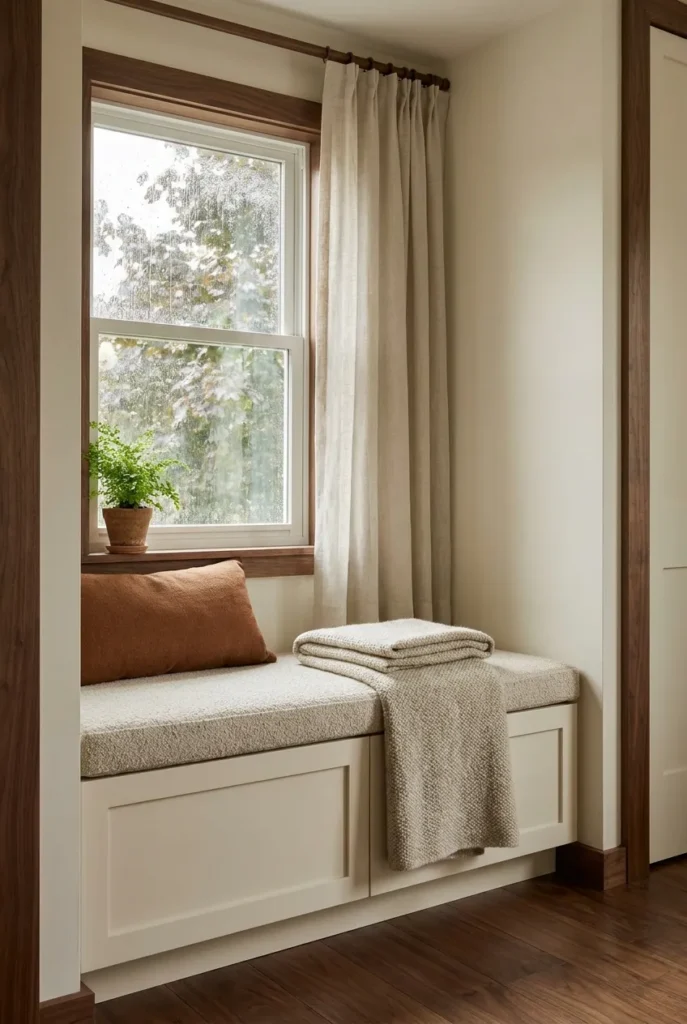 Sixteen inch deep window seat tiny reading nook bench with boucle cushion, rust pillow, and wool throw.