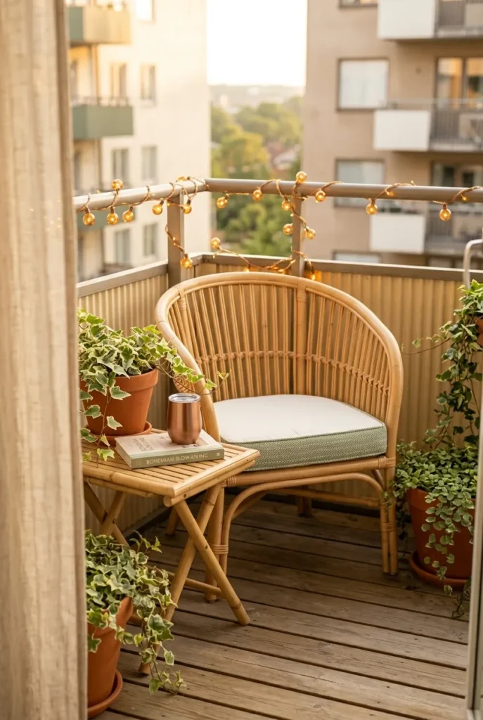 Small balcony summer reading nook with rattan chair, sage outdoor cushion, fairy lights, and terracotta plant pots, renter-safe zero-drill setup.