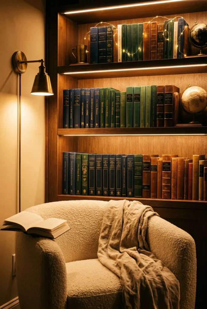 Small home library corner at night with LED shelf underlighting, plug-in brass sconce, and copper fairy lights behind books.