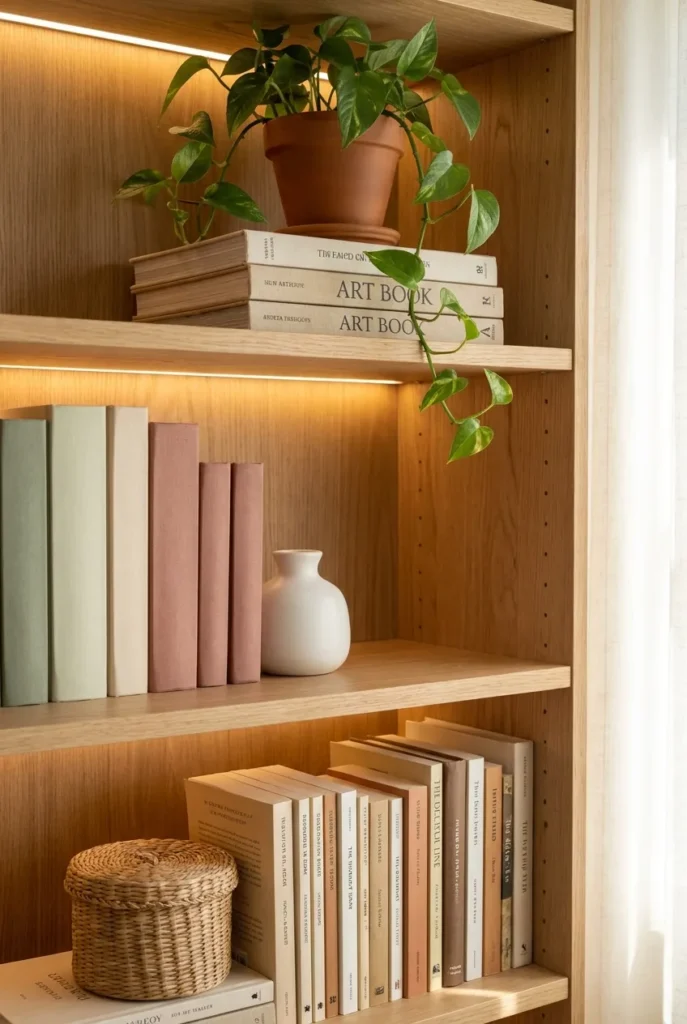 Small home library shelf styling using the one-third rule with plants, horizontal stacks, and a wicker basket on lower shelf.