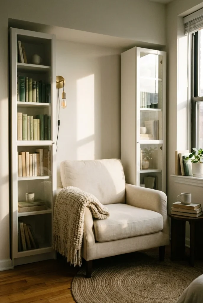 Small reading nook between two narrow Billy bookcases with a cream armchair and brass plug-in sconce.