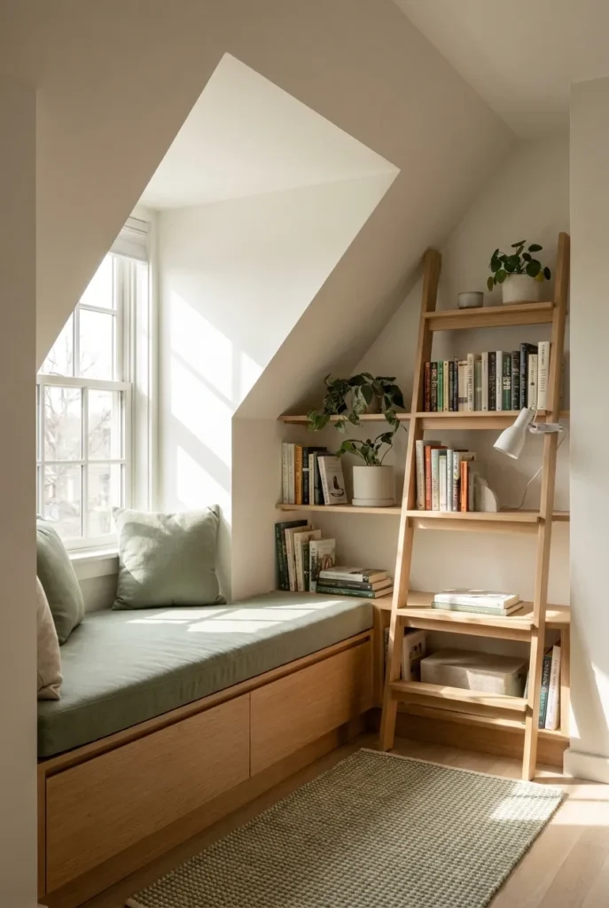 Small reading room in an attic dormer with a window seat, ladder shelf, and clip light.