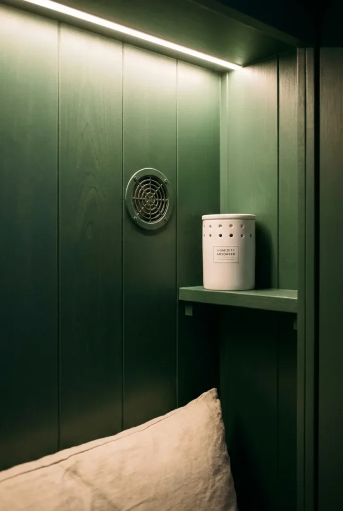 Small vent grille and moisture absorber in a wardrobe reading nook for airflow and condensation control.
