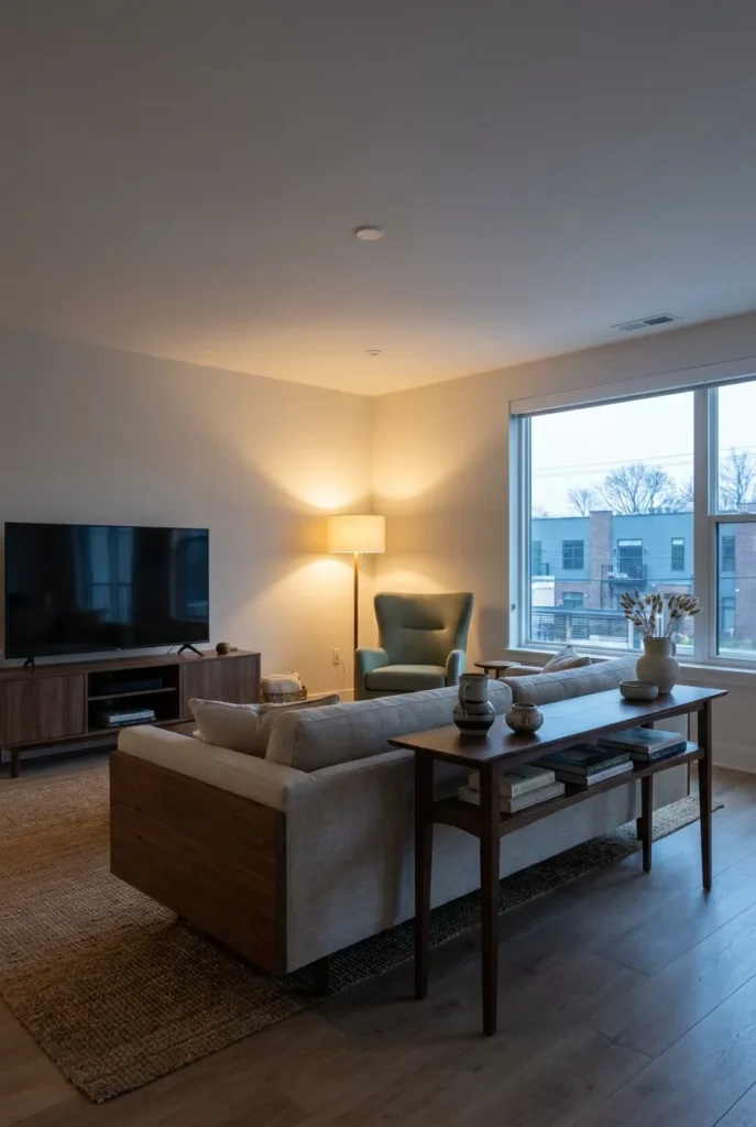 Sofa used as a room divider to create a separate reading area in an open-plan living room.