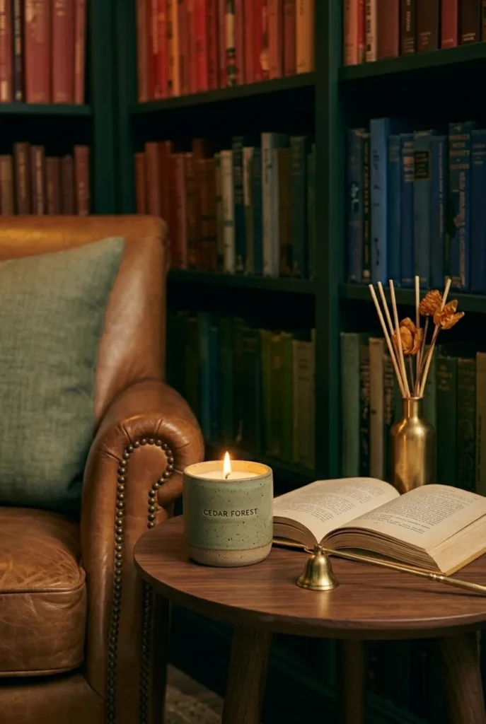 Soy candle and reed diffuser layering scent in a windowless reading corner.
