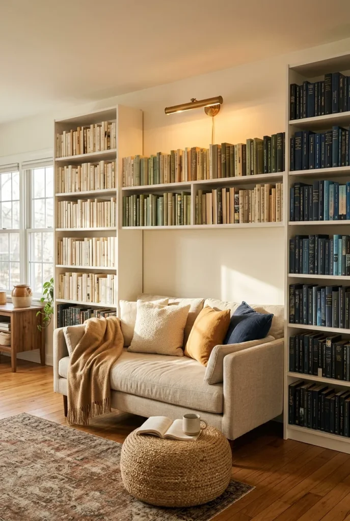 Spare wall small home library with two tall white bookcases, linen daybed, and brass plug-in picture light above.