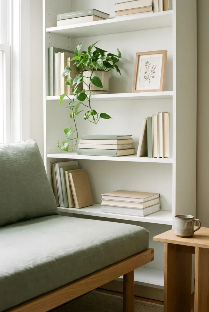Styled Billy bookcase shelves with books and plants framing a cozy reading daybed.