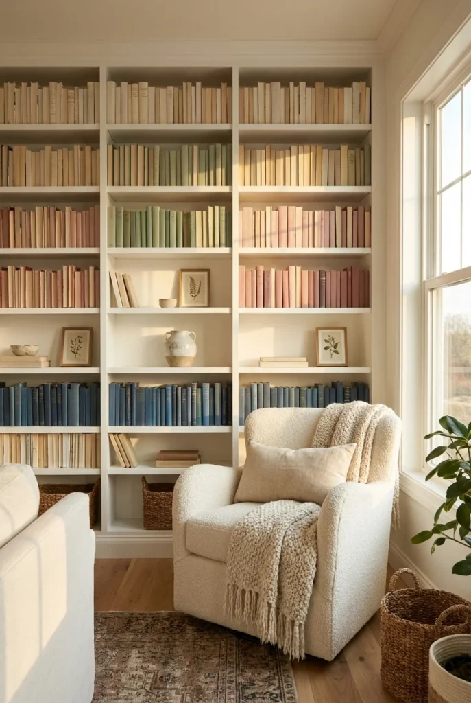 Styled floor-to-ceiling bookcase wall with color-blocked books framing a central boucle reading nook chair.