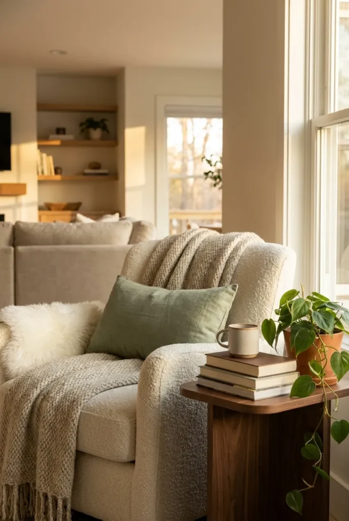 Styled reading area in an open-plan living room with wool throw, lumbar pillow, books, and a plant.