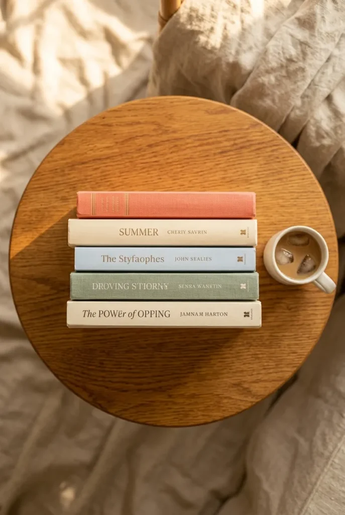 Summer TBR book stack on reading nook side table, five paperbacks in coral and sage green, slow-living summer reading corner styling.