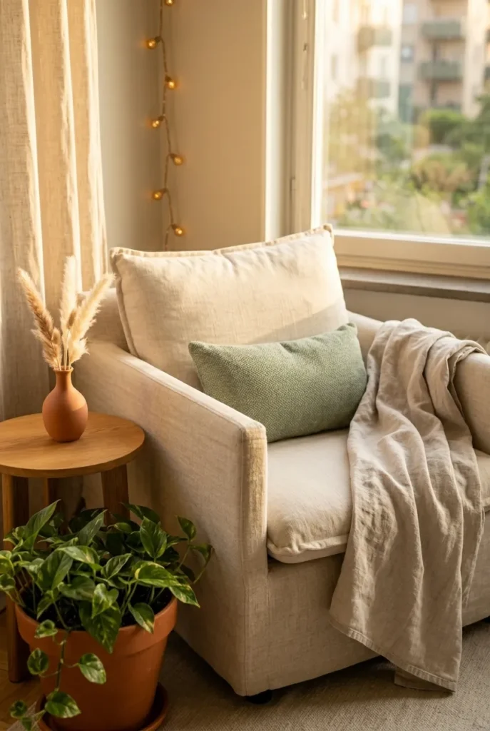 Summer reading nook color refresh with sage green lumbar pillow, oatmeal linen throw, and terracotta bud vase on oak side table.